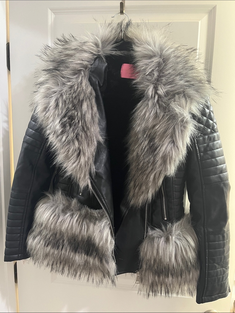 Black Faux Leather Moto Jacket with Gray Faux Fur Trim